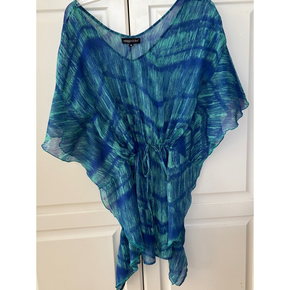 Spiaggia Dolce Teal Blue Abstract Print Kaftan Swim Cover Up V-Neck Medium